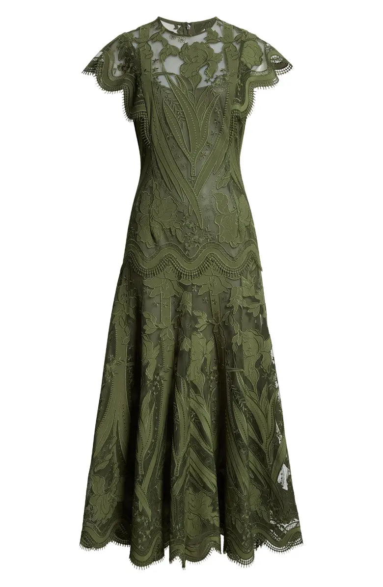 FLORAL EMBROIDERED TULLE ALINE MIDI DRESS