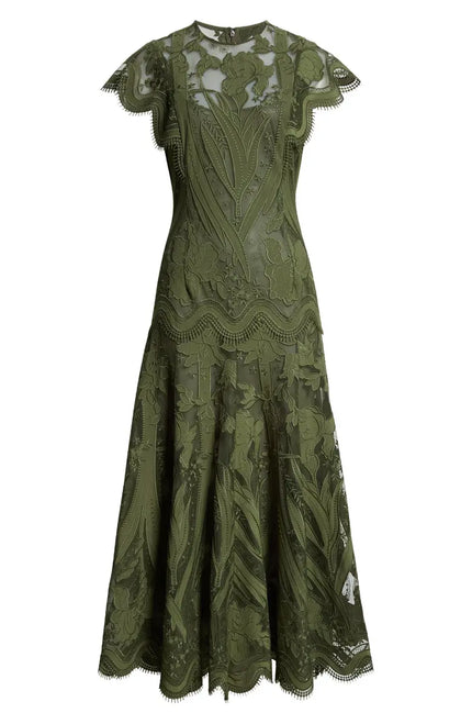 FLORAL EMBROIDERED TULLE ALINE MIDI DRESS