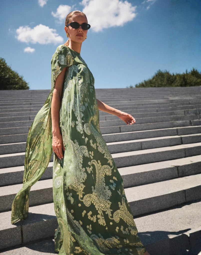 PIETRO CONVERTIBLE CAPE GOWN IN GREEN METALLIC CAFTAN
