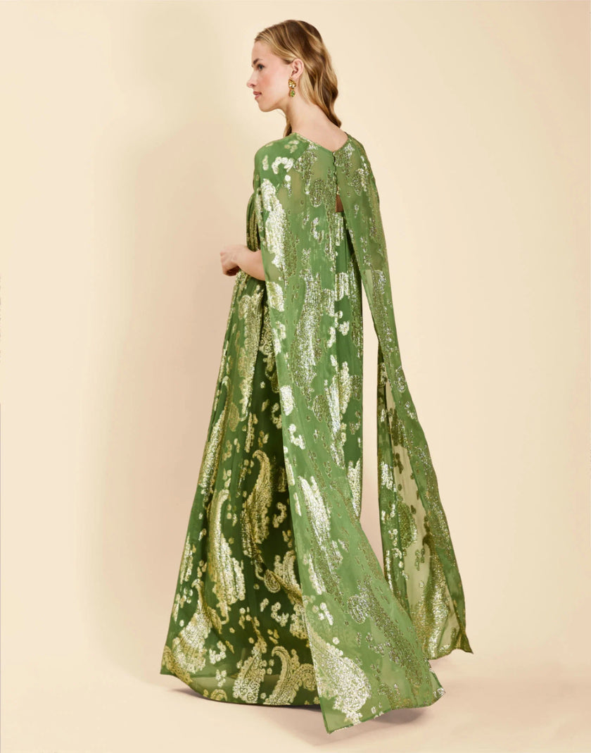 PIETRO CONVERTIBLE CAPE GOWN IN GREEN METALLIC CAFTAN