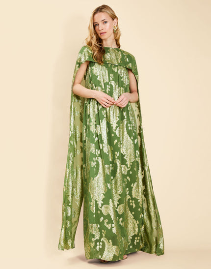 PIETRO CONVERTIBLE CAPE GOWN IN GREEN METALLIC CAFTAN