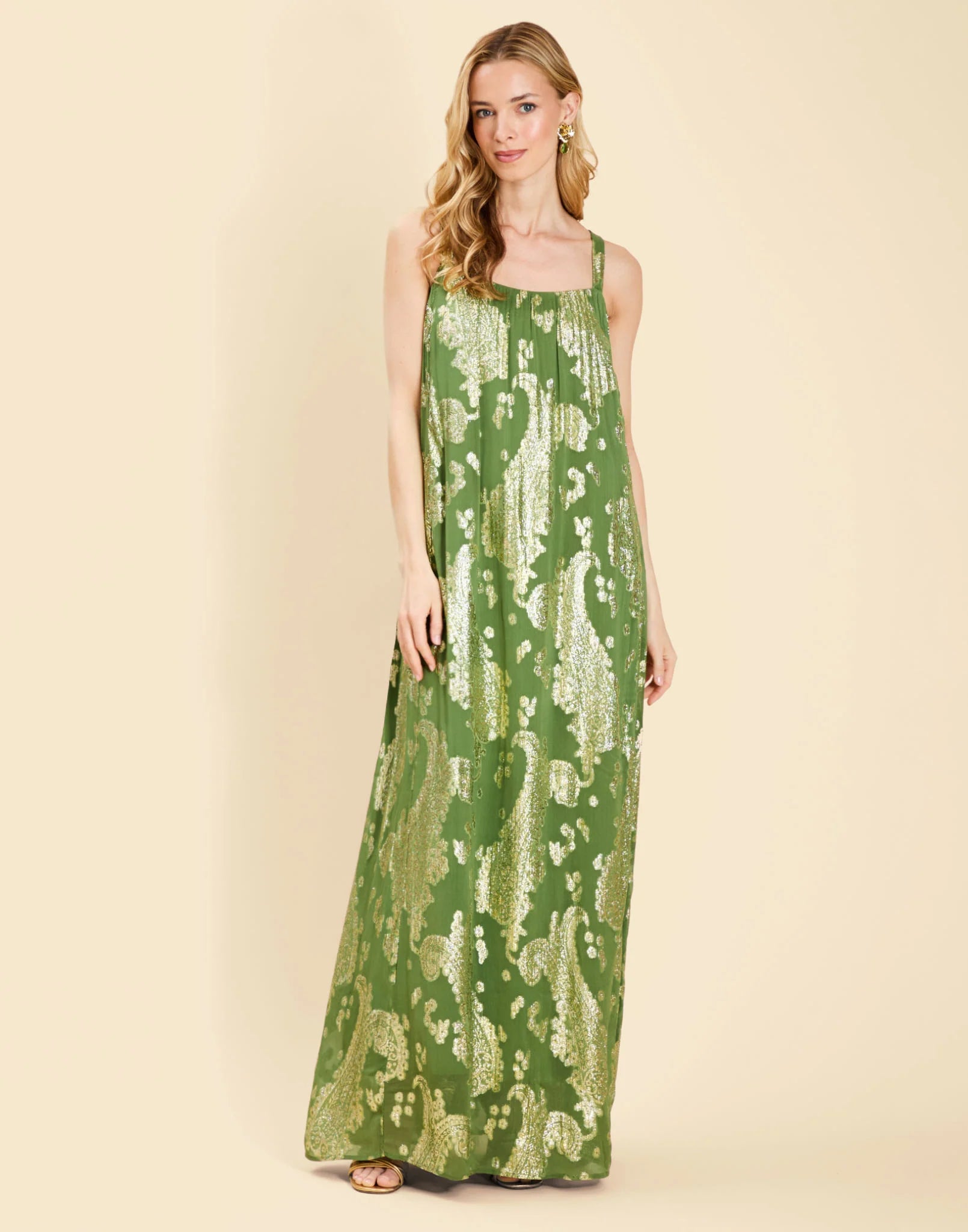 PIETRO CONVERTIBLE CAPE GOWN IN GREEN METALLIC CAFTAN