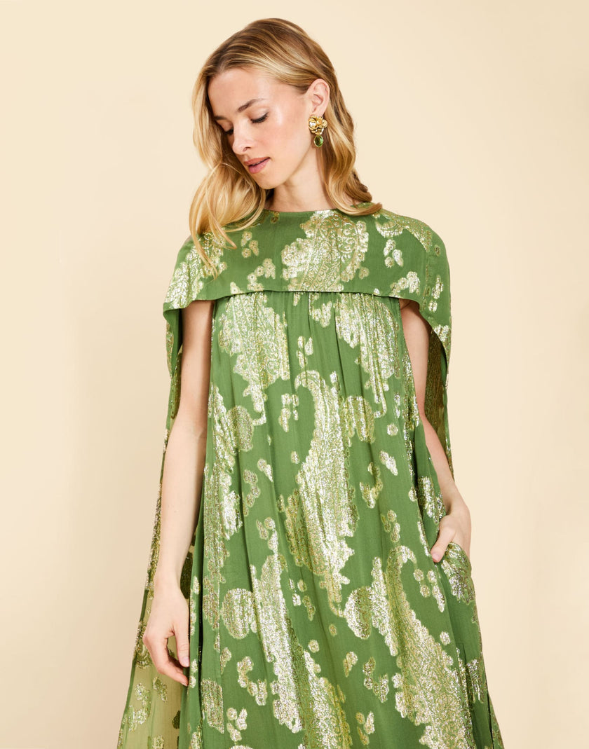 PIETRO CONVERTIBLE CAPE GOWN IN GREEN METALLIC CAFTAN