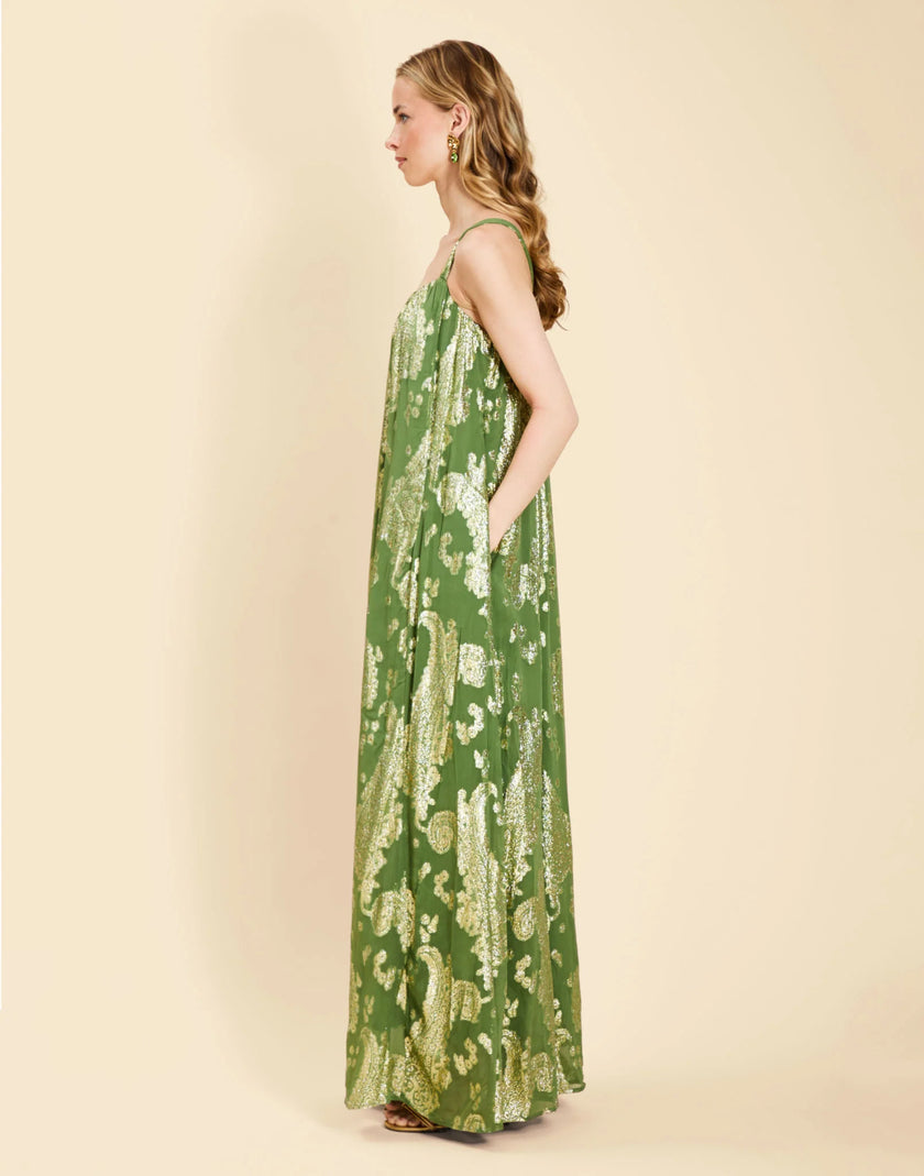 PIETRO CONVERTIBLE CAPE GOWN IN GREEN METALLIC CAFTAN