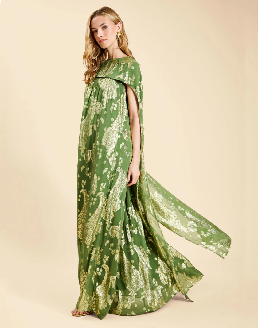 PIETRO CONVERTIBLE CAPE GOWN IN GREEN METALLIC CAFTAN