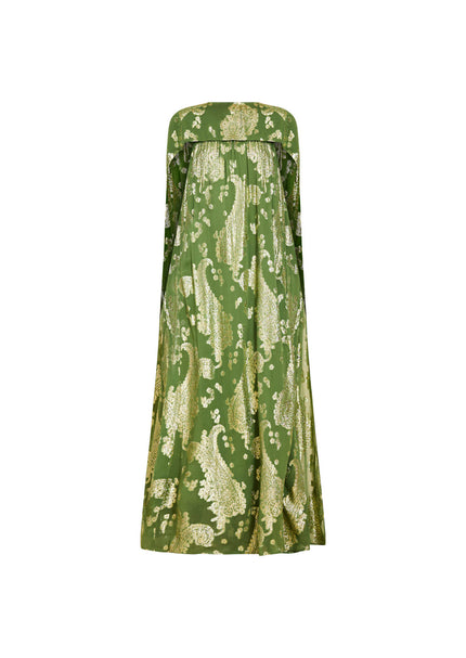 PIETRO CONVERTIBLE CAPE GOWN IN GREEN METALLIC CAFTAN