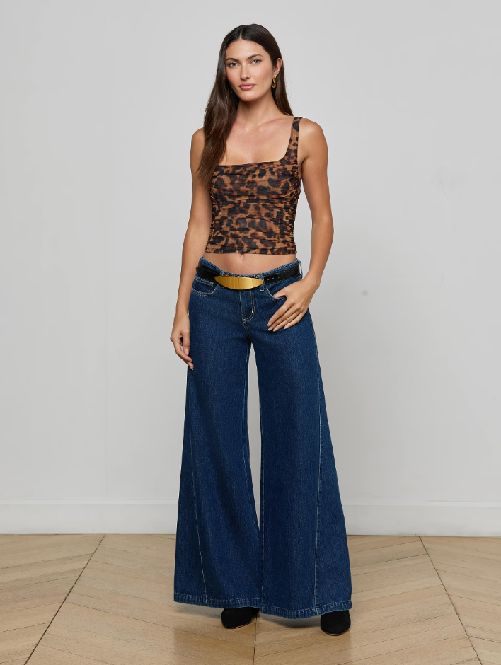 RASHA SHIRRED MESH TANK IN BROWN MULTI AMUR LEOPARD