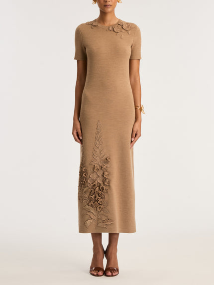 SHORT SLEEVE FOXGLOVES EMBROIDERED LONG KNIT DRESS