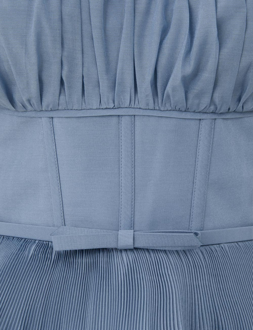 PLEATED TIERED MIDI DRESS IN DEEP BLUE