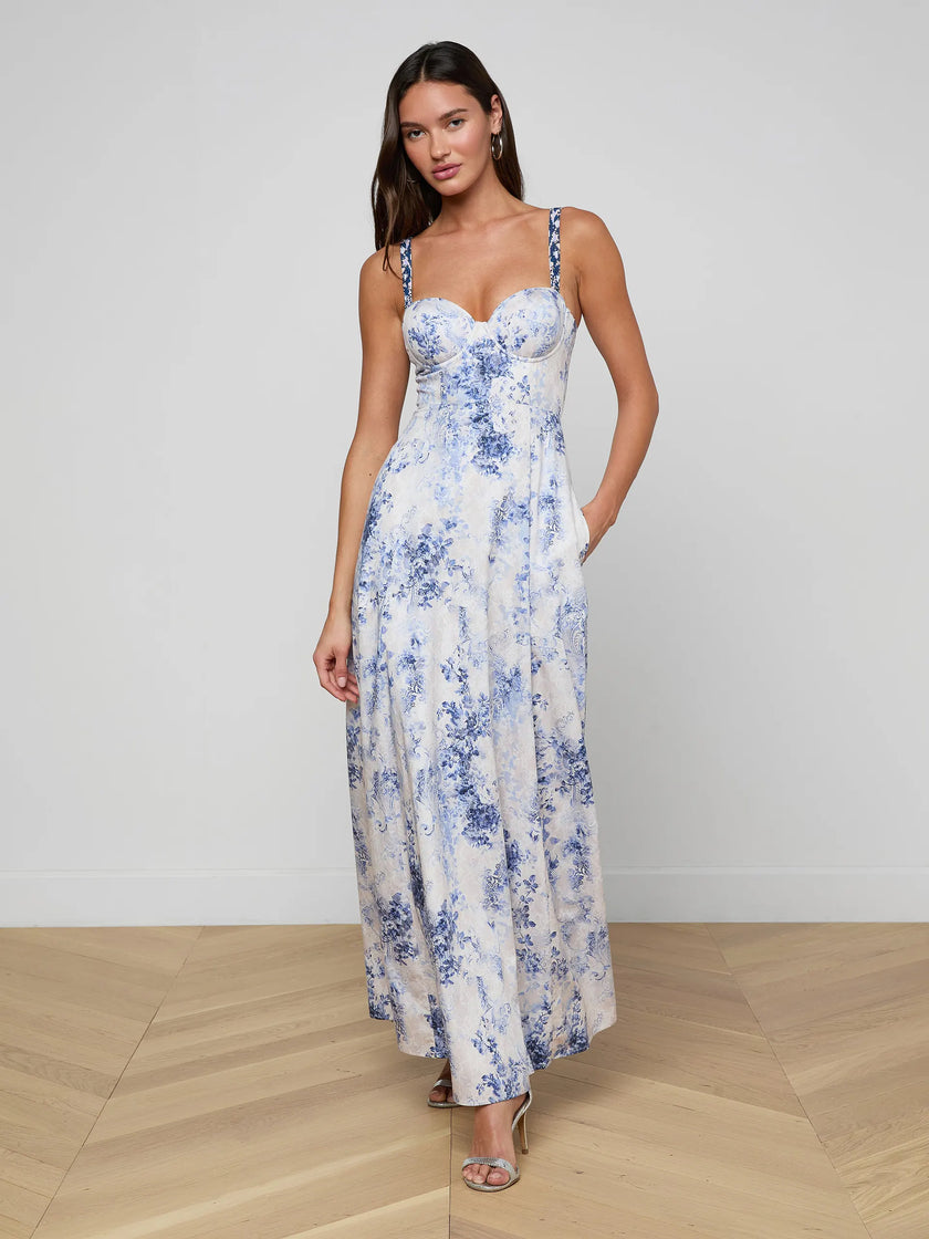 SUTTON MAXI DRESS IN IVORY BLUE WATERCOLOR LACE PAISLEY