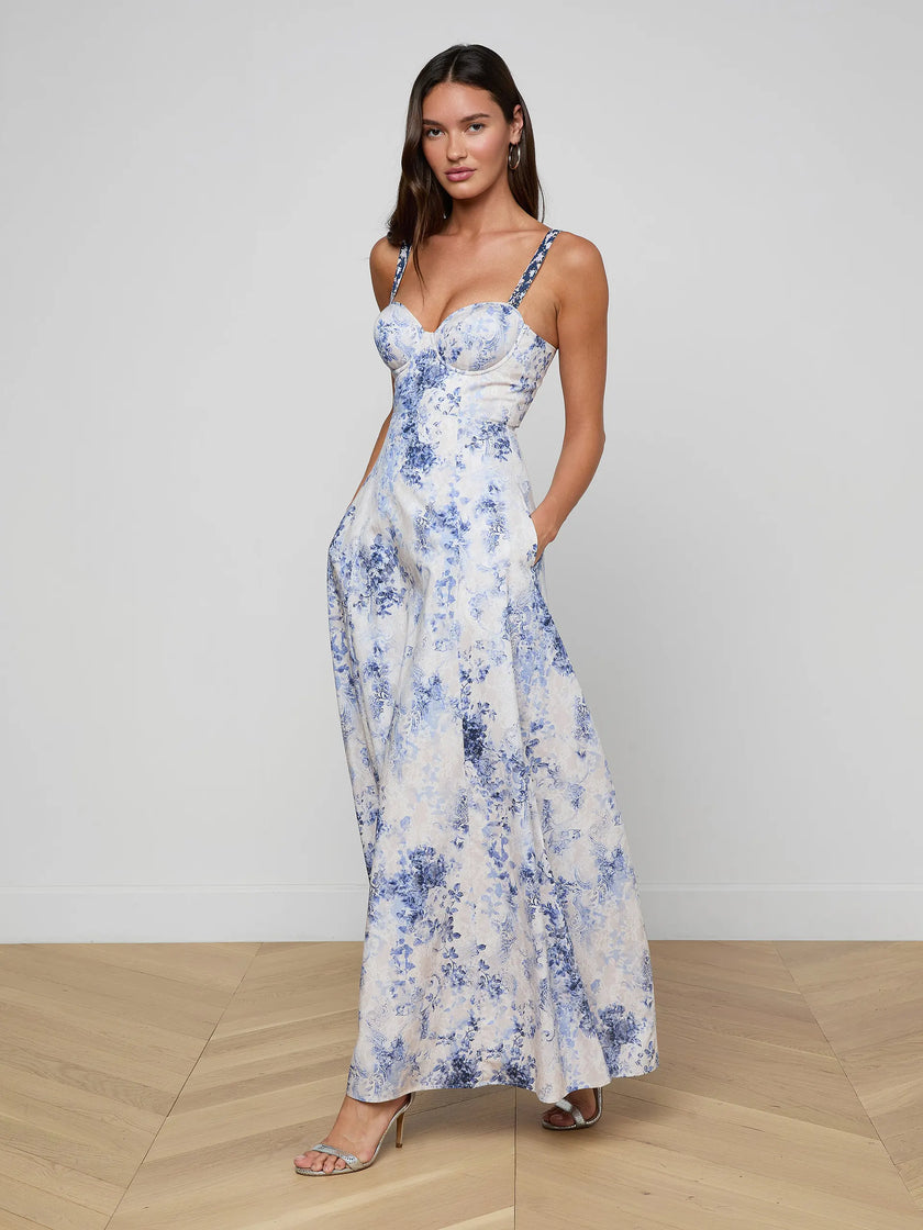 SUTTON MAXI DRESS IN IVORY BLUE WATERCOLOR LACE PAISLEY