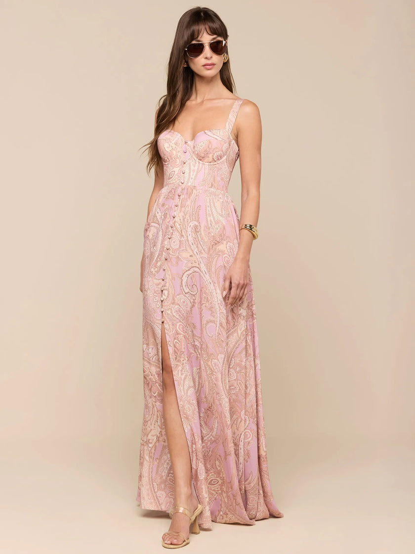 ROSETTE MAXI DRESS IN MAUVE MULTI TRADITIONAL PAISLEY