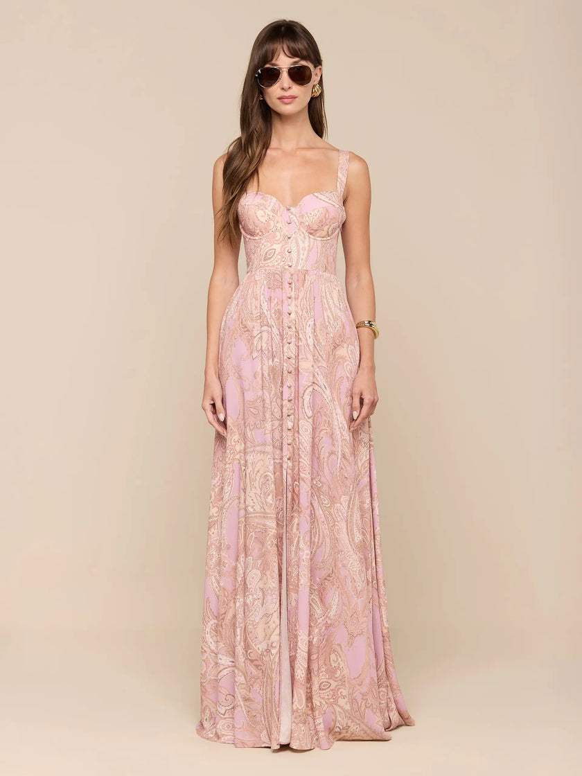 ROSETTE MAXI DRESS IN MAUVE MULTI TRADITIONAL PAISLEY