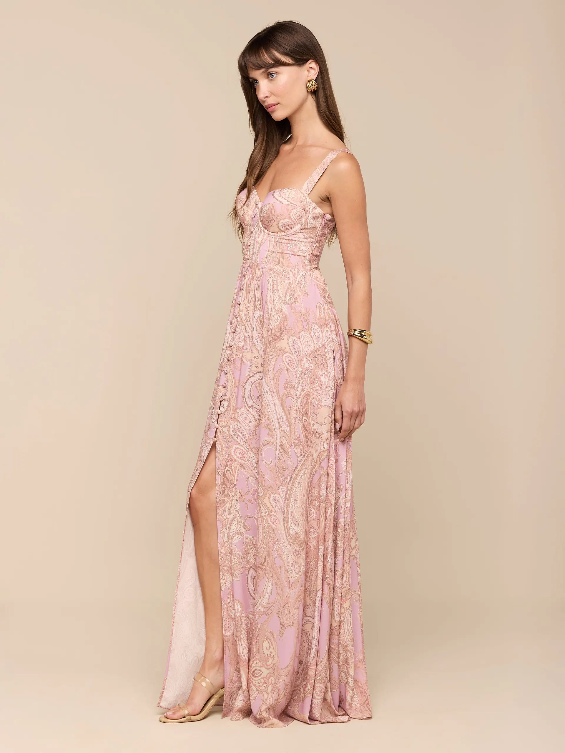 ROSETTE MAXI DRESS IN MAUVE MULTI TRADITIONAL PAISLEY