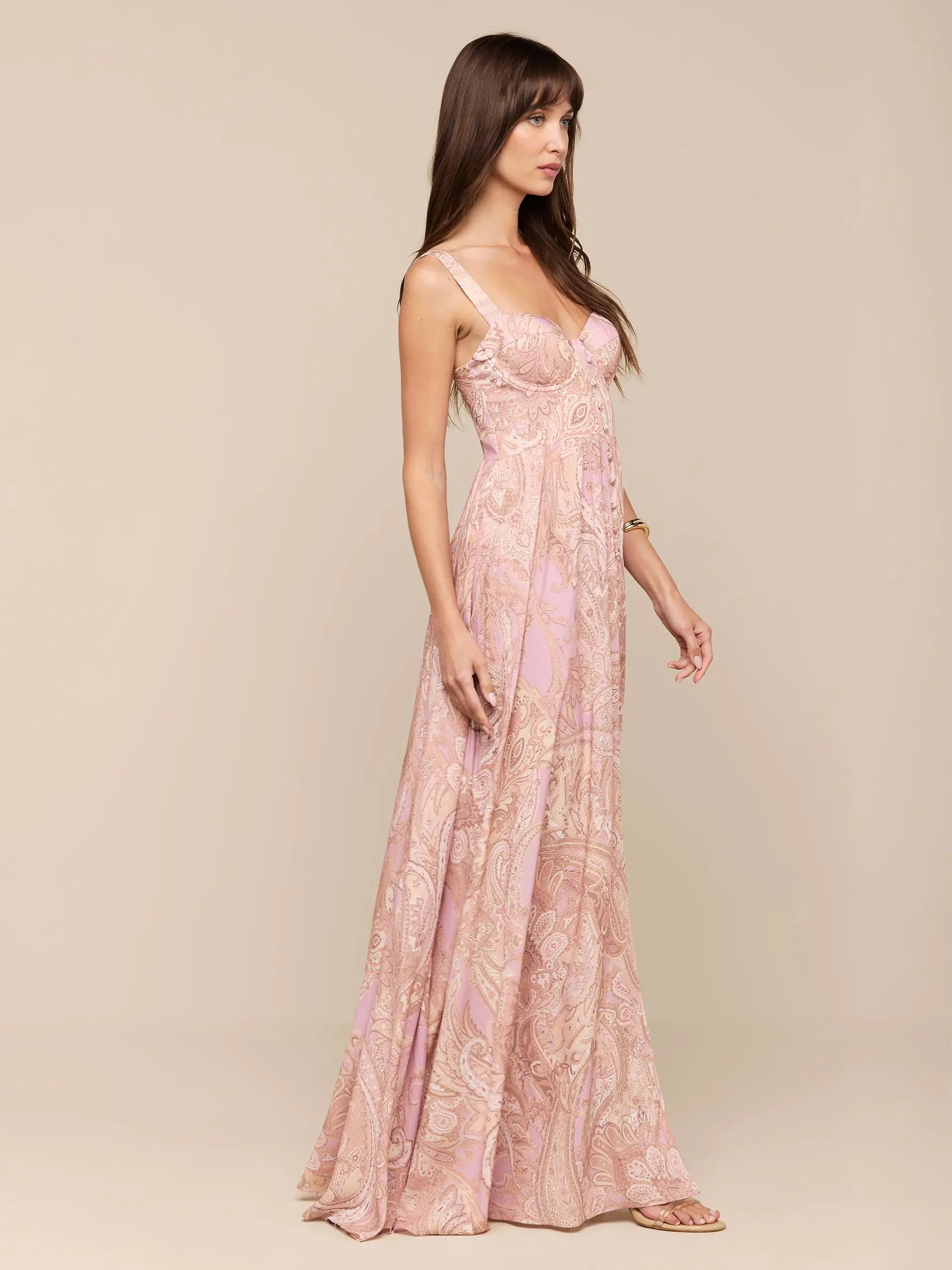 ROSETTE MAXI DRESS IN MAUVE MULTI TRADITIONAL PAISLEY