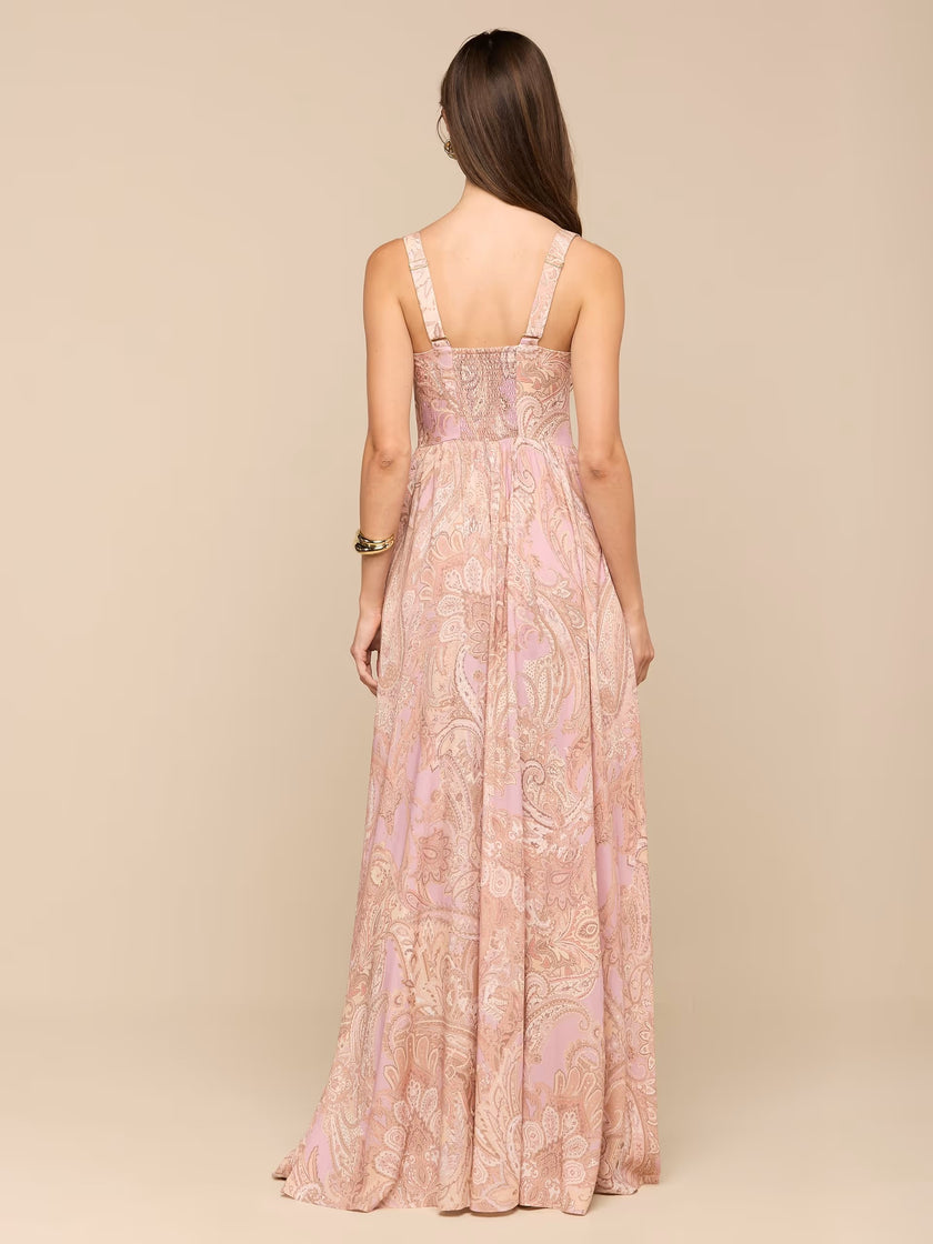 ROSETTE MAXI DRESS IN MAUVE MULTI TRADITIONAL PAISLEY
