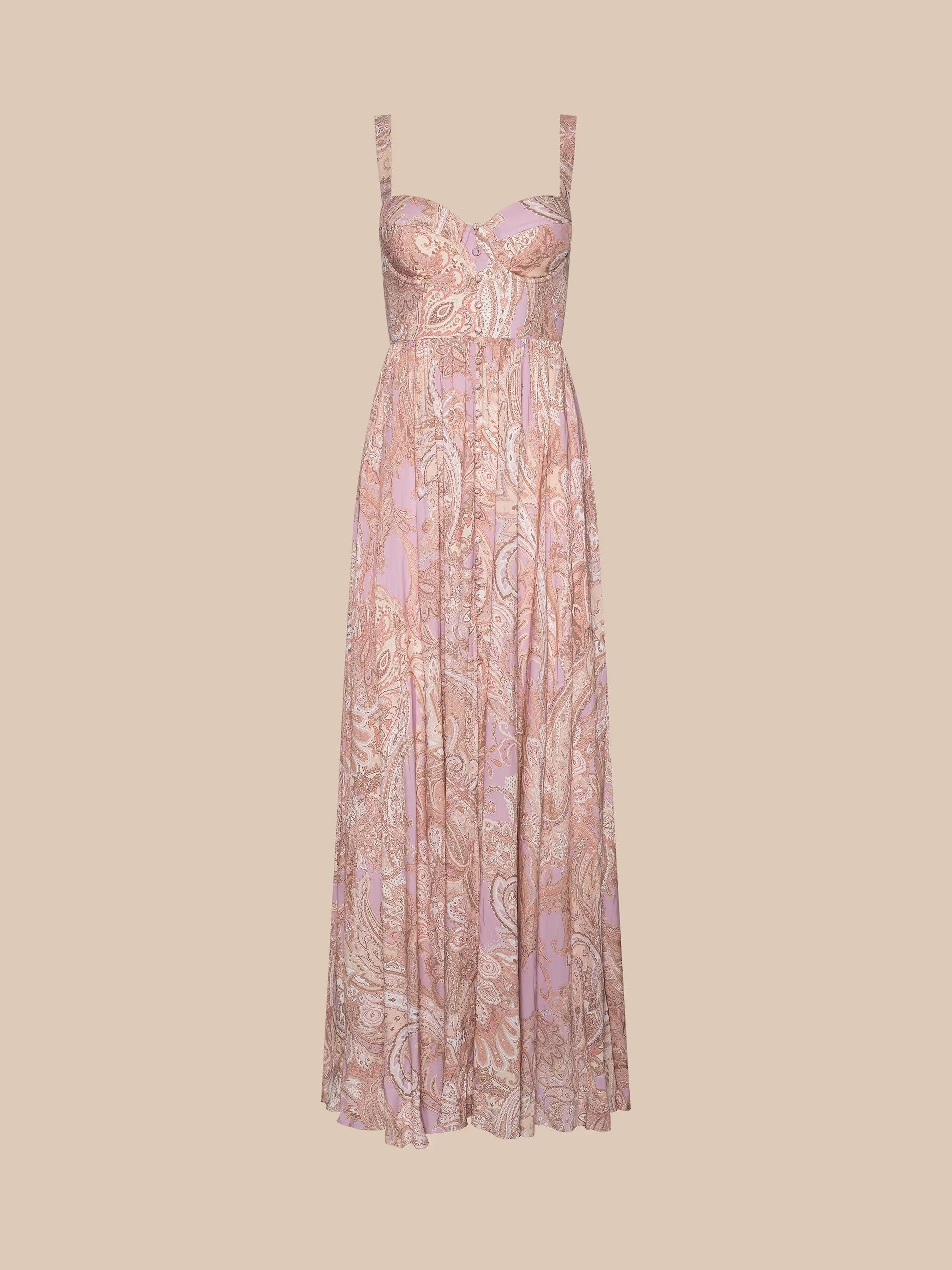 ROSETTE MAXI DRESS IN MAUVE MULTI TRADITIONAL PAISLEY