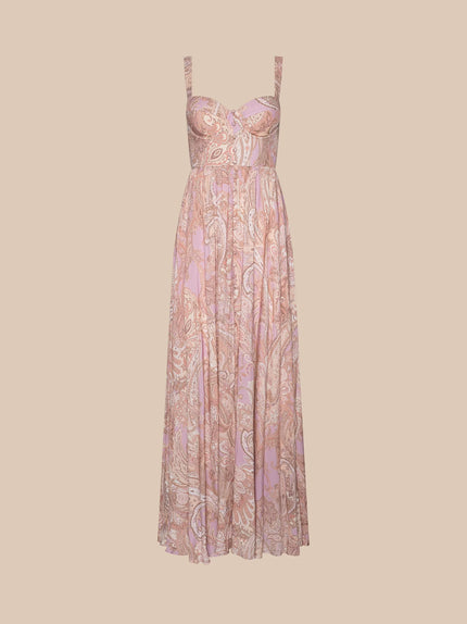 ROSETTE MAXI DRESS IN MAUVE MULTI TRADITIONAL PAISLEY
