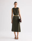 CREW NECK DRESS WITH DARTS IN COATED VISCOSE LINEN
