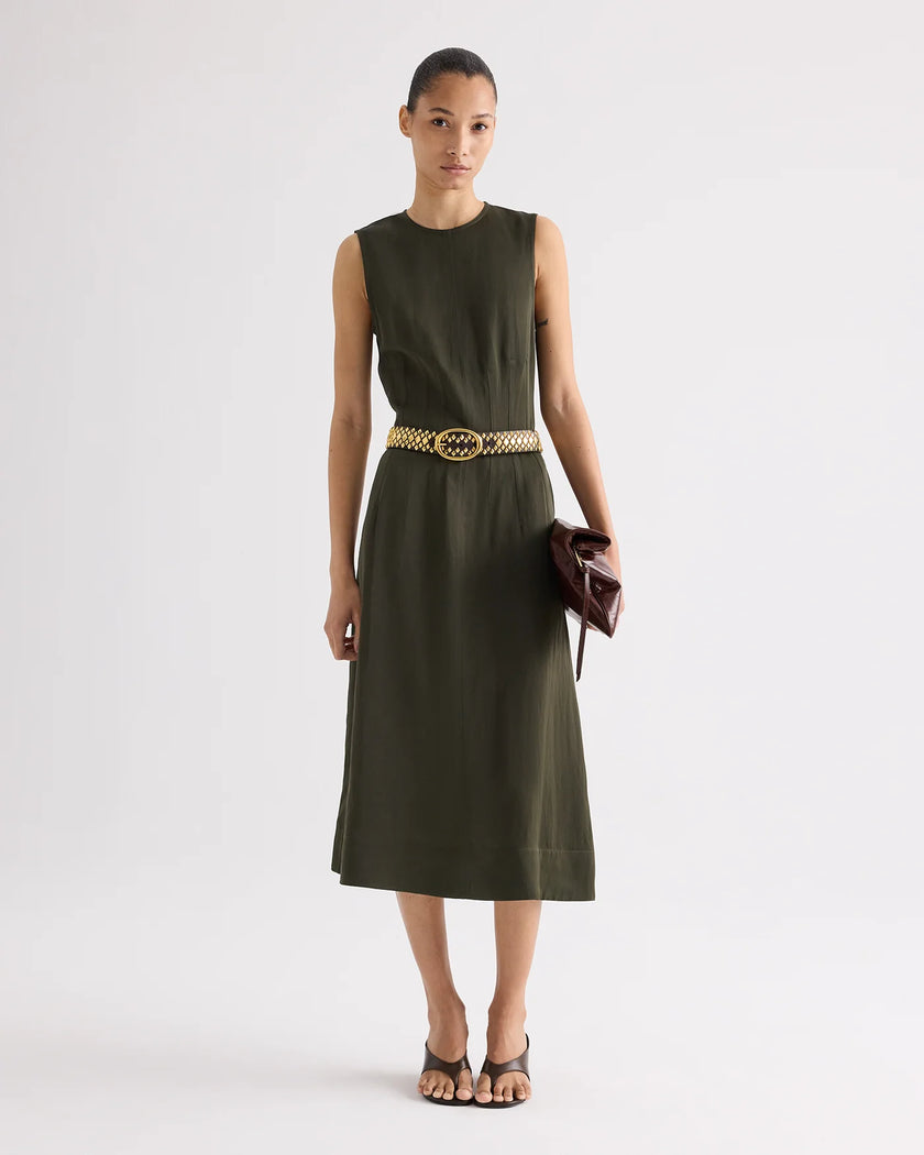CREW NECK DRESS WITH DARTS IN COATED VISCOSE LINEN