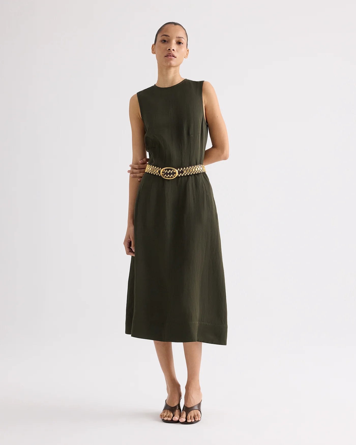 CREW NECK DRESS WITH DARTS IN COATED VISCOSE LINEN