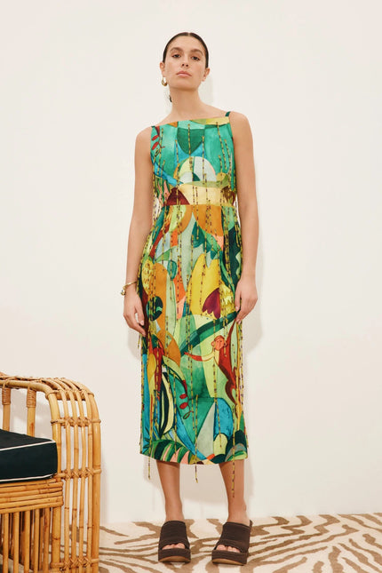 MOKSHINI BEADED FRINGE MIDI DRESS