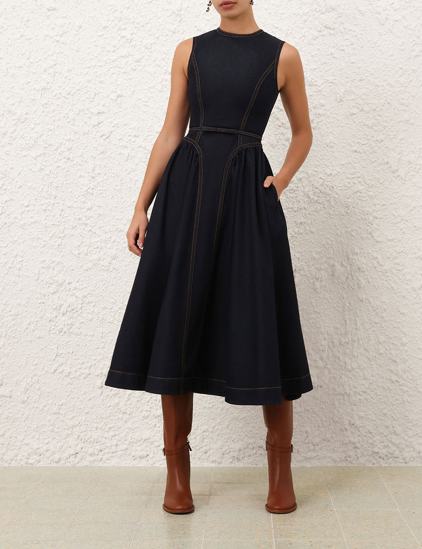 DENIM PANELLED MIDI DRESS