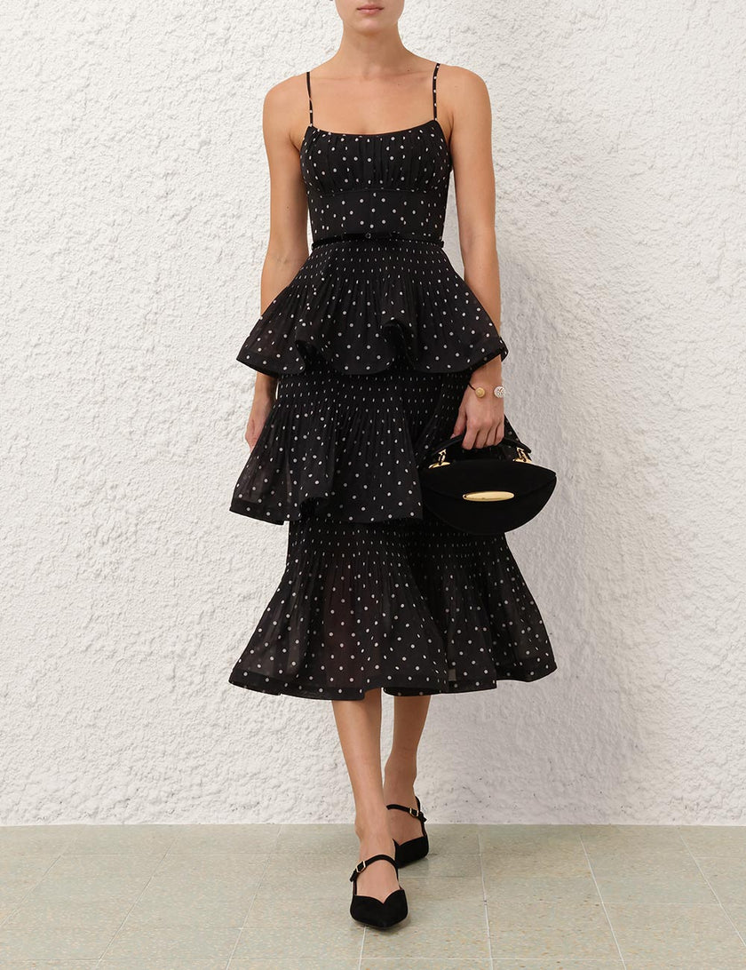 PLEATED TIERED MIDI DRESS