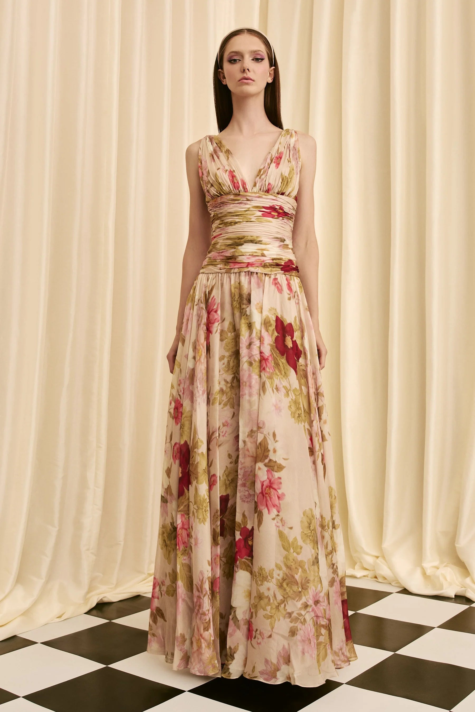 BOTANICAL SILK CHIFFON FLORAL RUCHED WAIST GOWN