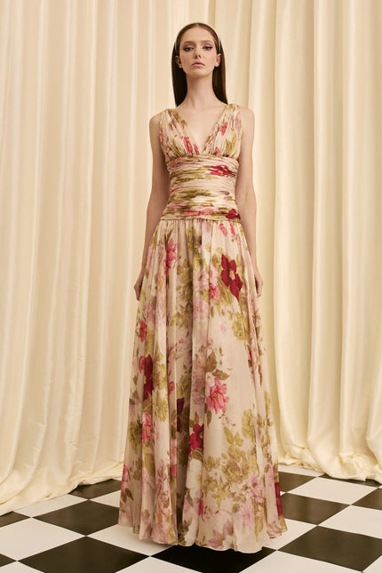 BOTANICAL SILK CHIFFON FLORAL RUCHED WAIST GOWN