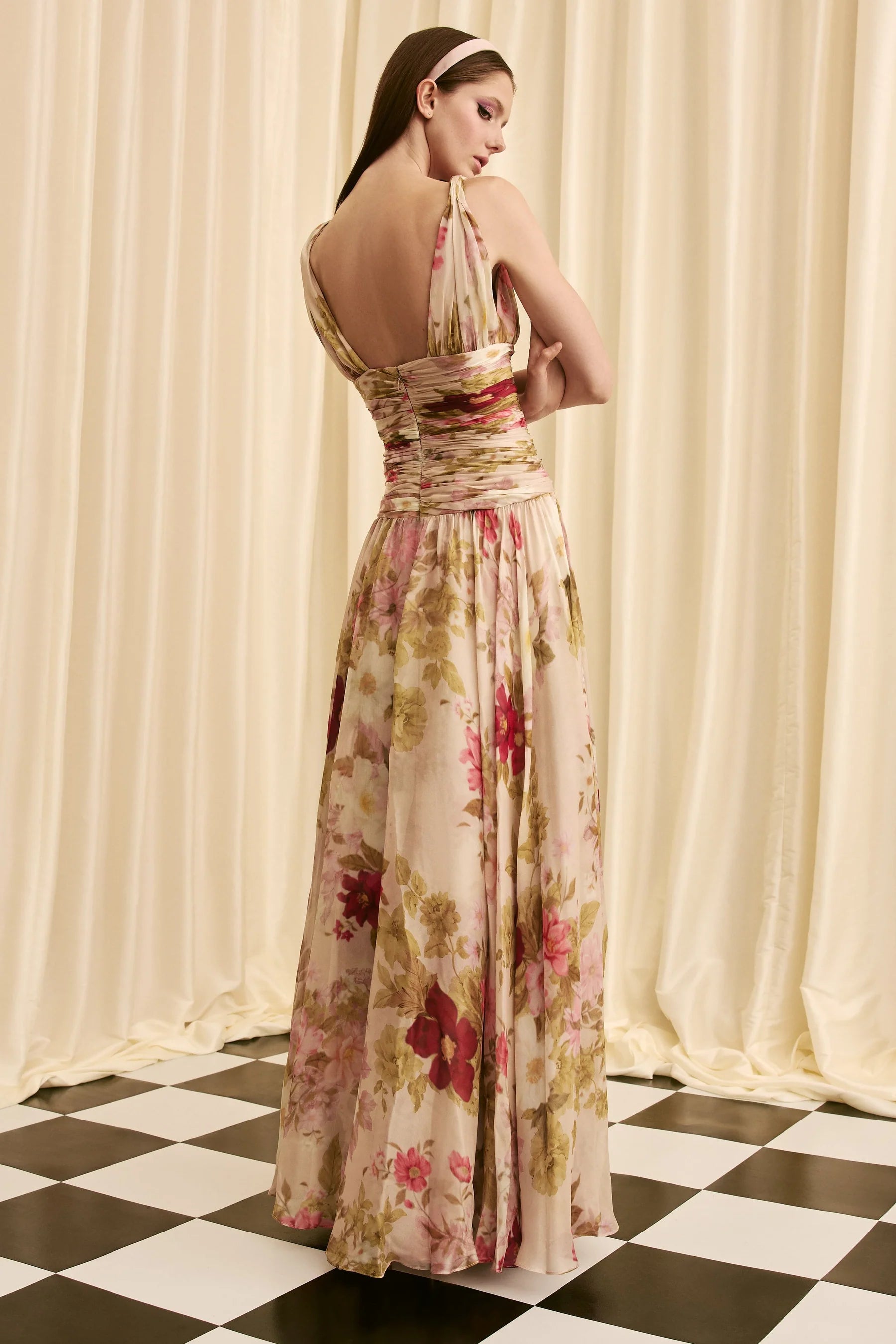 BOTANICAL SILK CHIFFON FLORAL RUCHED WAIST GOWN