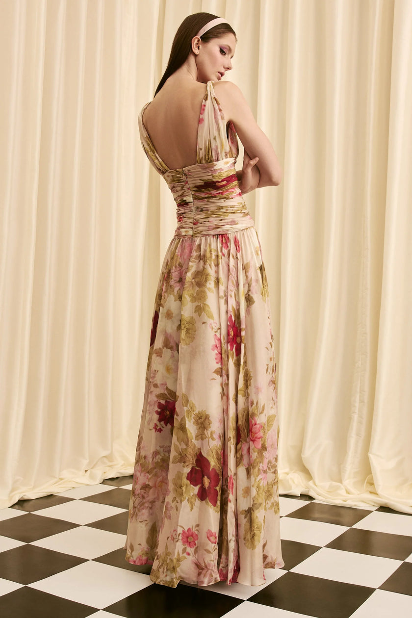 BOTANICAL SILK CHIFFON FLORAL RUCHED WAIST GOWN