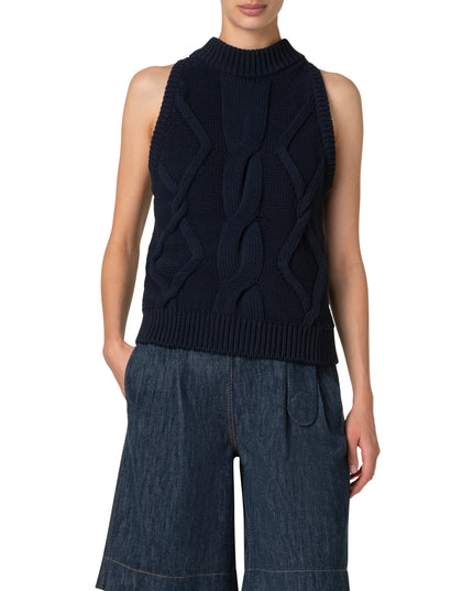 MOCK NECK CHUNKY COTTON CABLE KNIT TANK