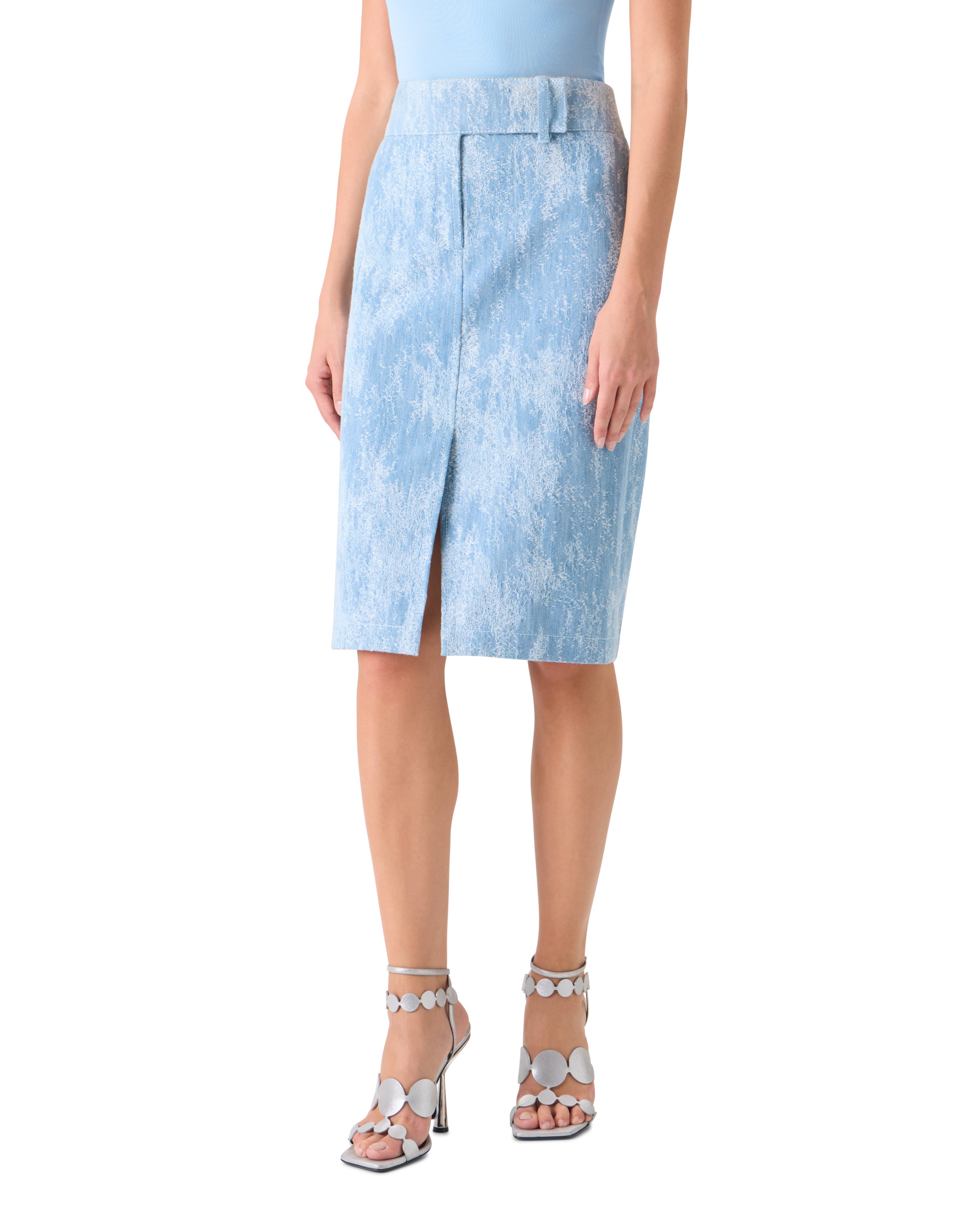 WASHED JACQUARD DENIM PENCIL SKIRT