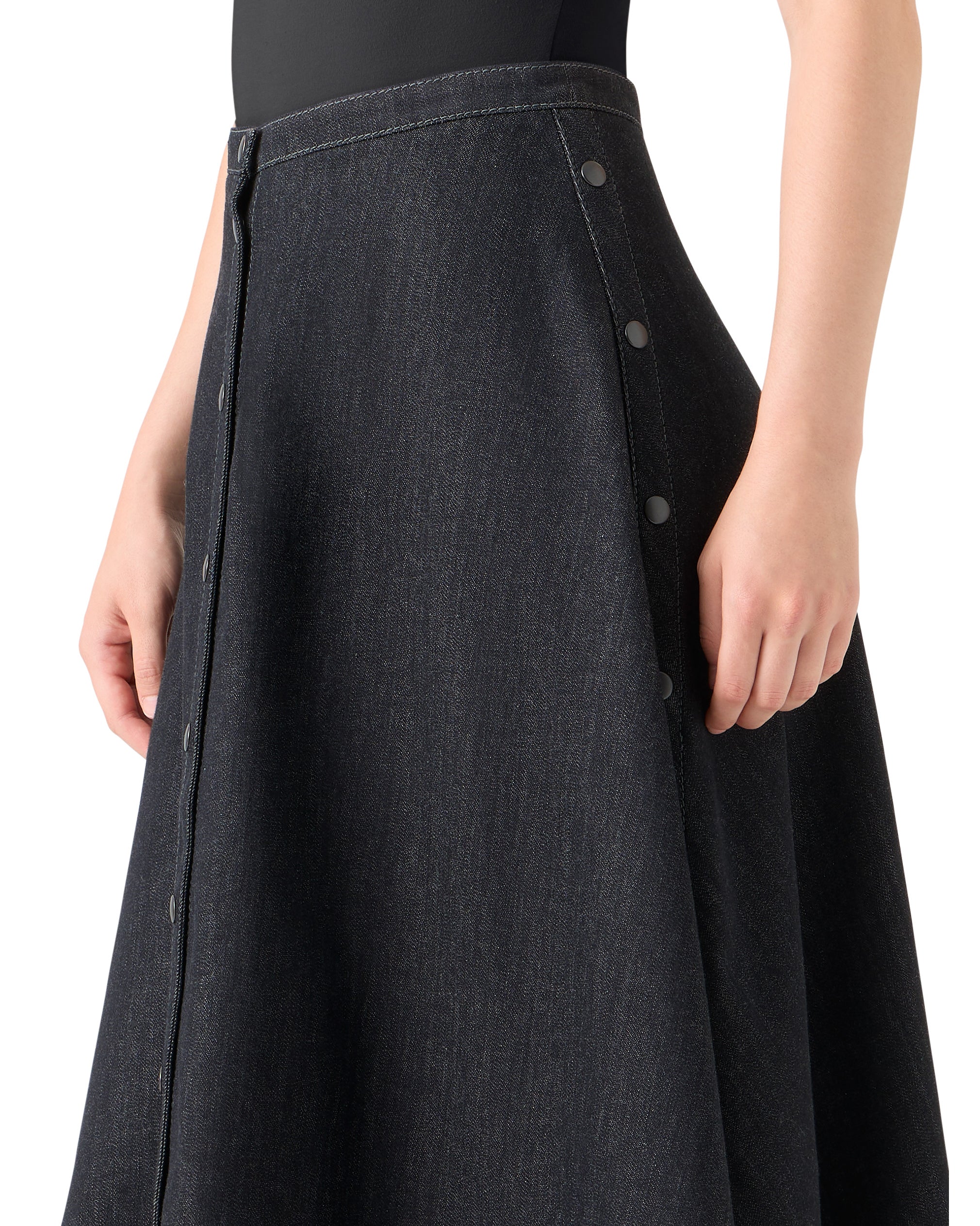 STRETCH DENIM BUTTON FRONT MIDI SKIRT