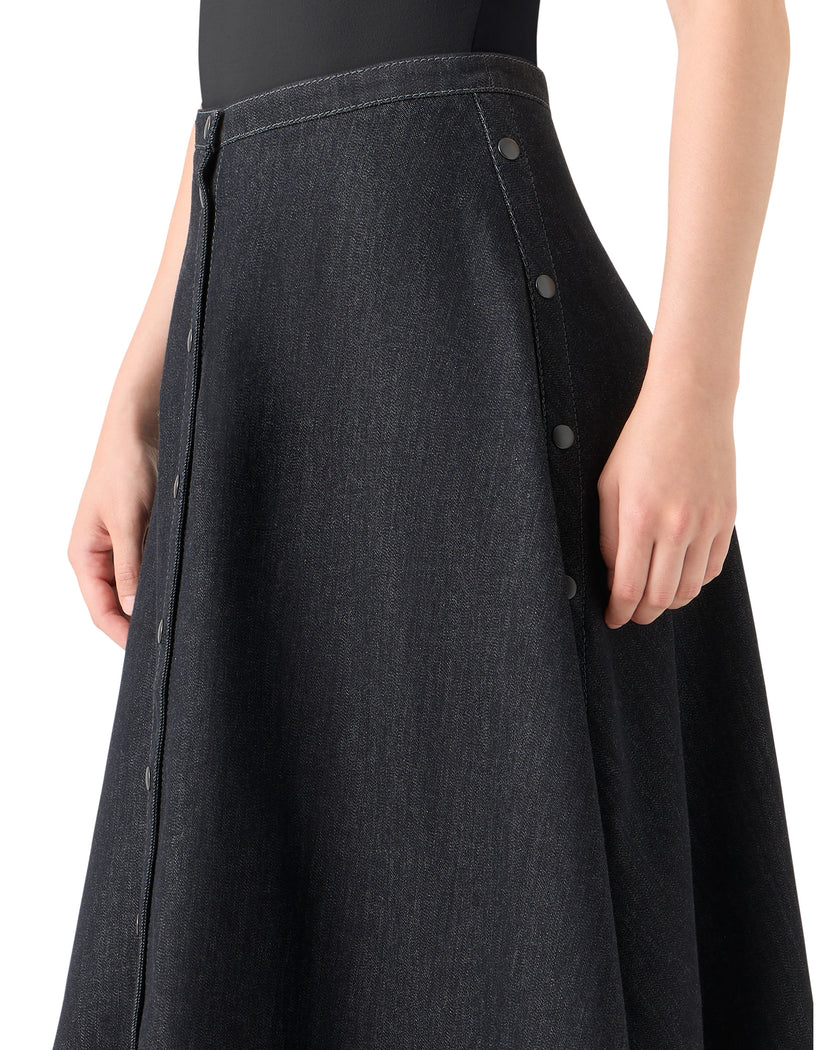 STRETCH DENIM BUTTON FRONT MIDI SKIRT