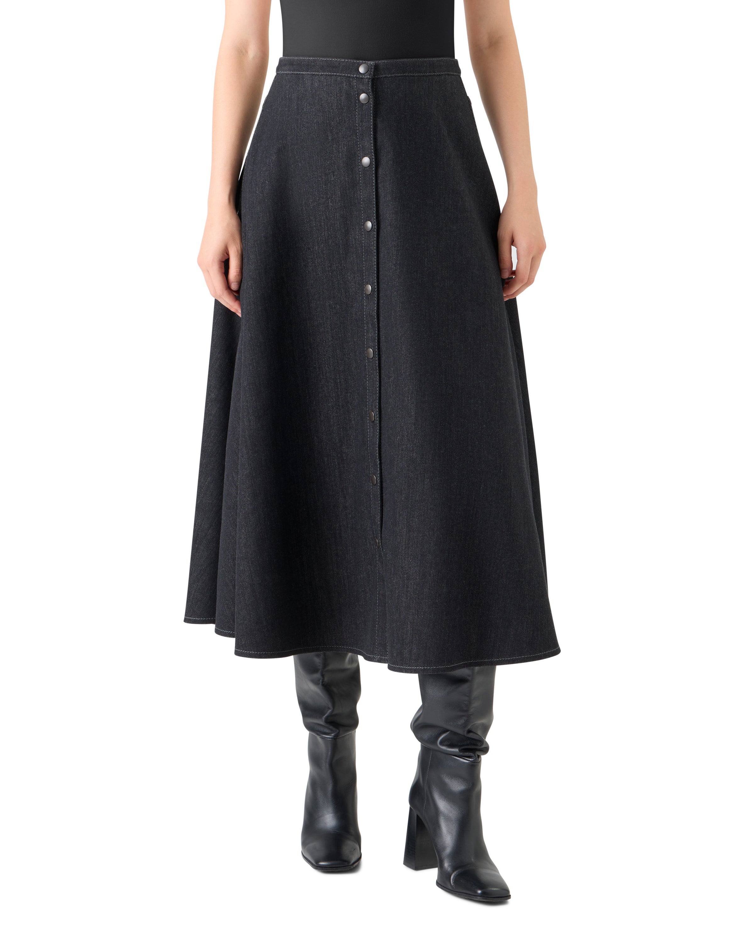STRETCH DENIM BUTTON FRONT MIDI SKIRT