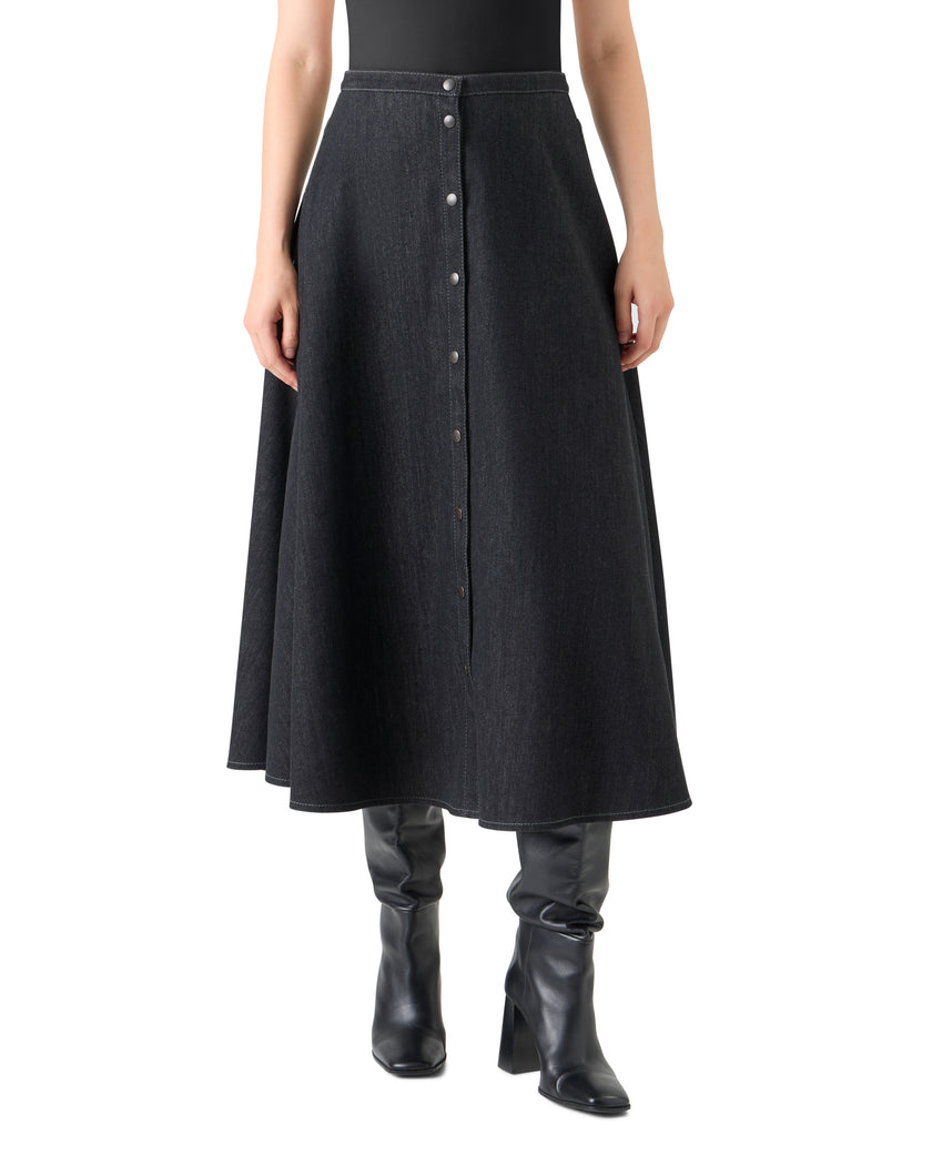 STRETCH DENIM BUTTON FRONT MIDI SKIRT