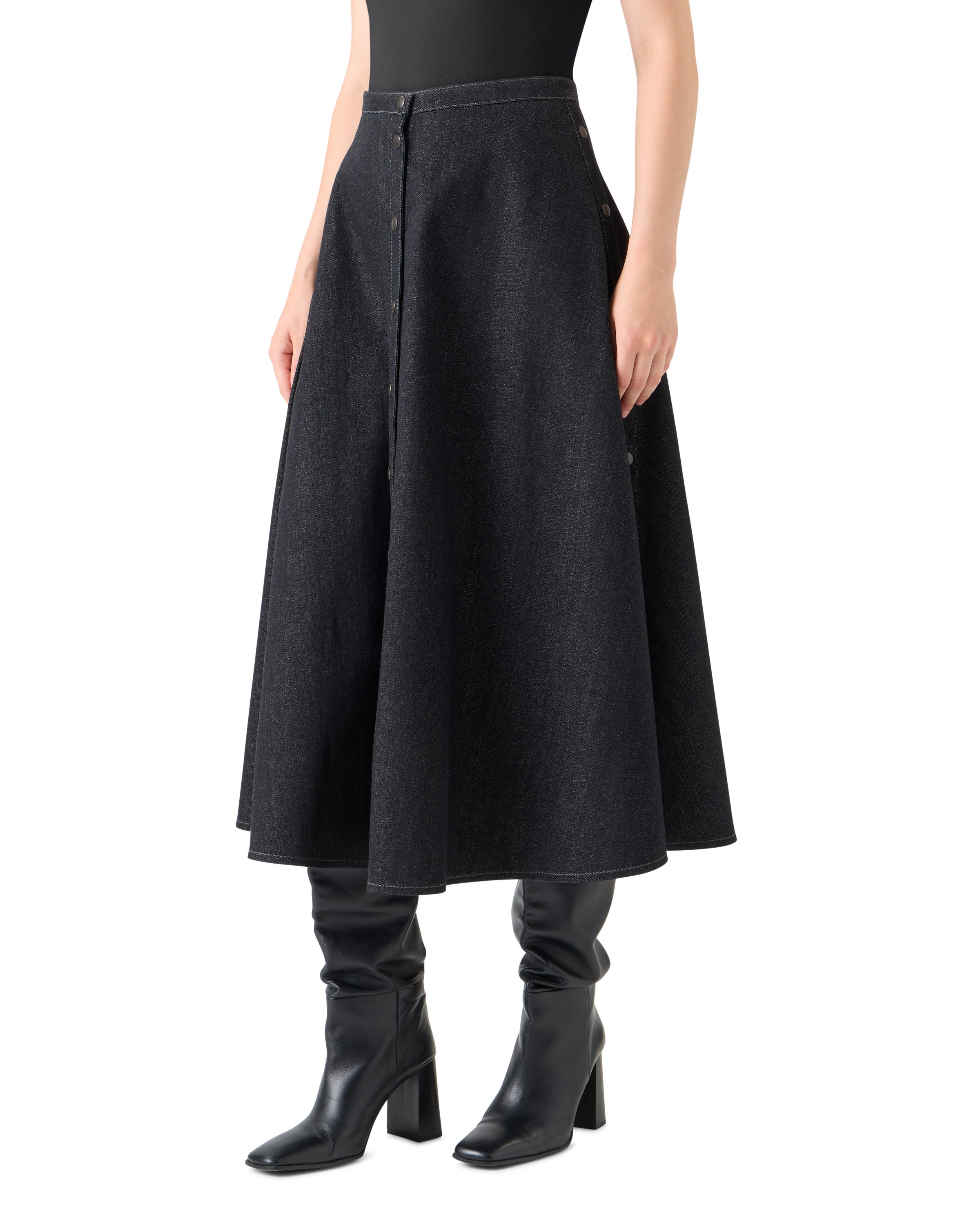 STRETCH DENIM BUTTON FRONT MIDI SKIRT