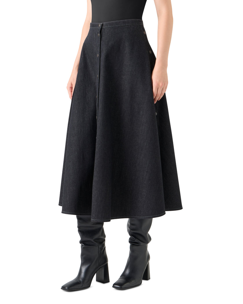 STRETCH DENIM BUTTON FRONT MIDI SKIRT
