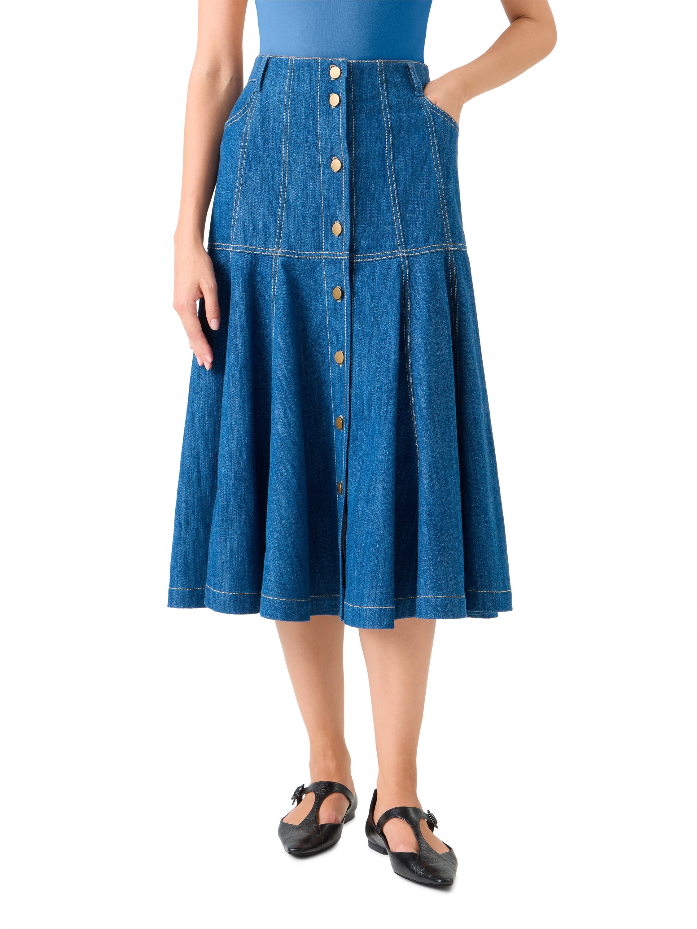PANELED DENIM MIDI SKIRT
