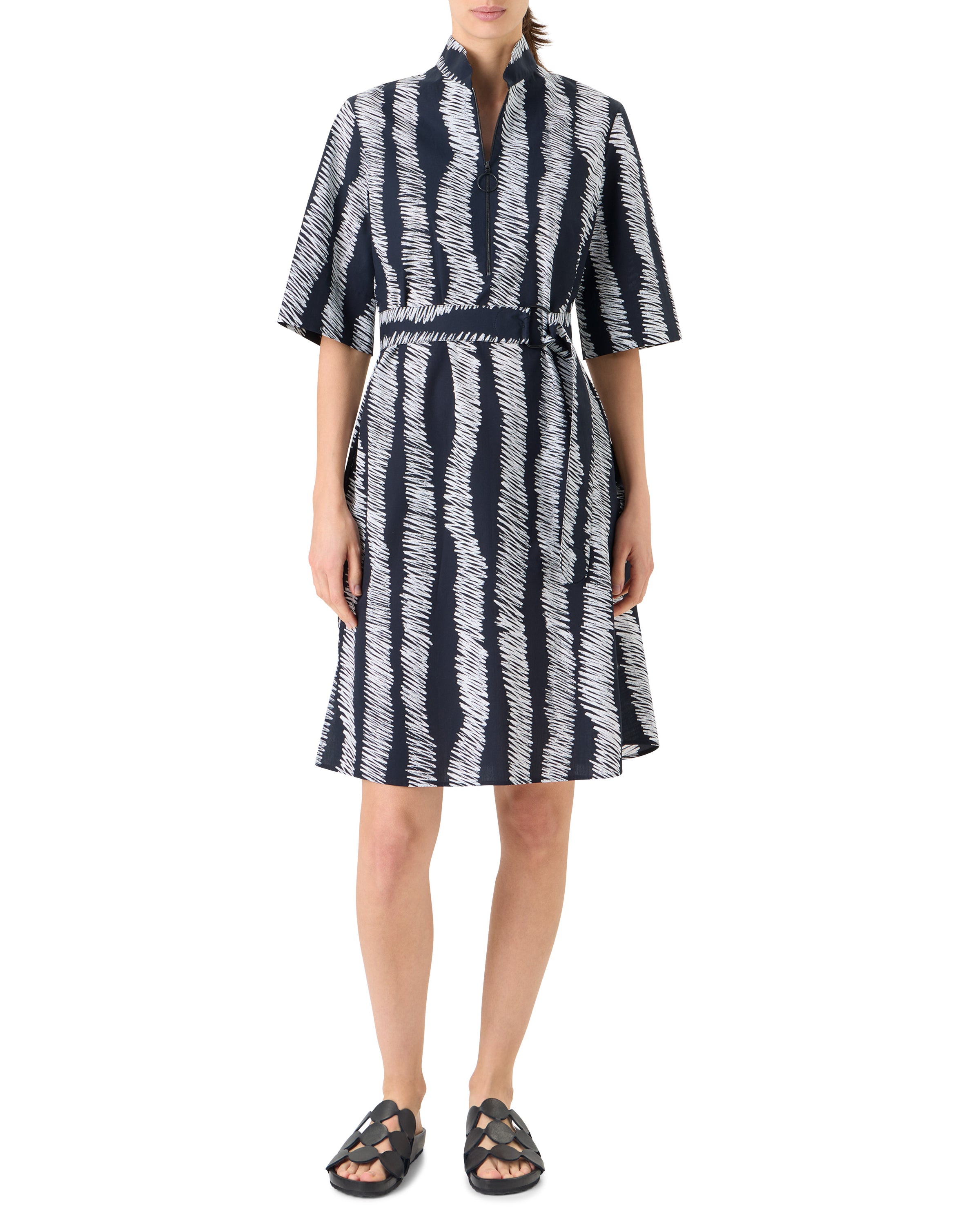SHORT SLEEVE SCRIBBLE COTTON POPLIN BELTED SHIRTDRESS
