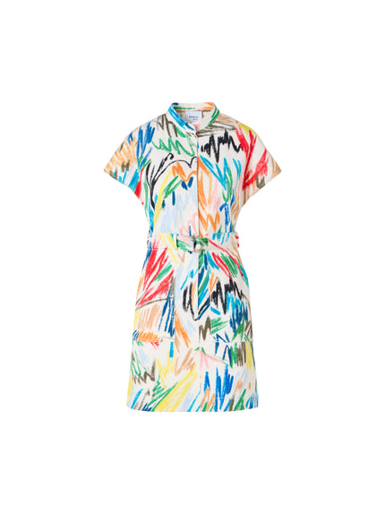 SCRIBBLE DENIM CAP SLEEVE BELTED MINI SHIRTDRESS