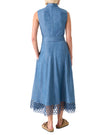 SLEEVLESS DOT EMBROIDERED DENIM MIDI SHIRTDRESS