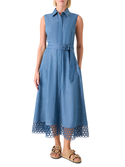 SLEEVLESS DOT EMBROIDERED DENIM MIDI SHIRTDRESS