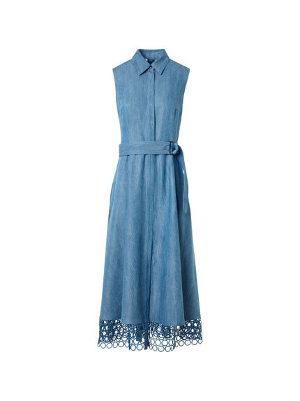 SLEEVLESS DOT EMBROIDERED DENIM MIDI SHIRTDRESS