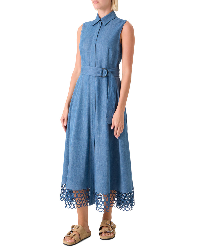 SLEEVLESS DOT EMBROIDERED DENIM MIDI SHIRTDRESS