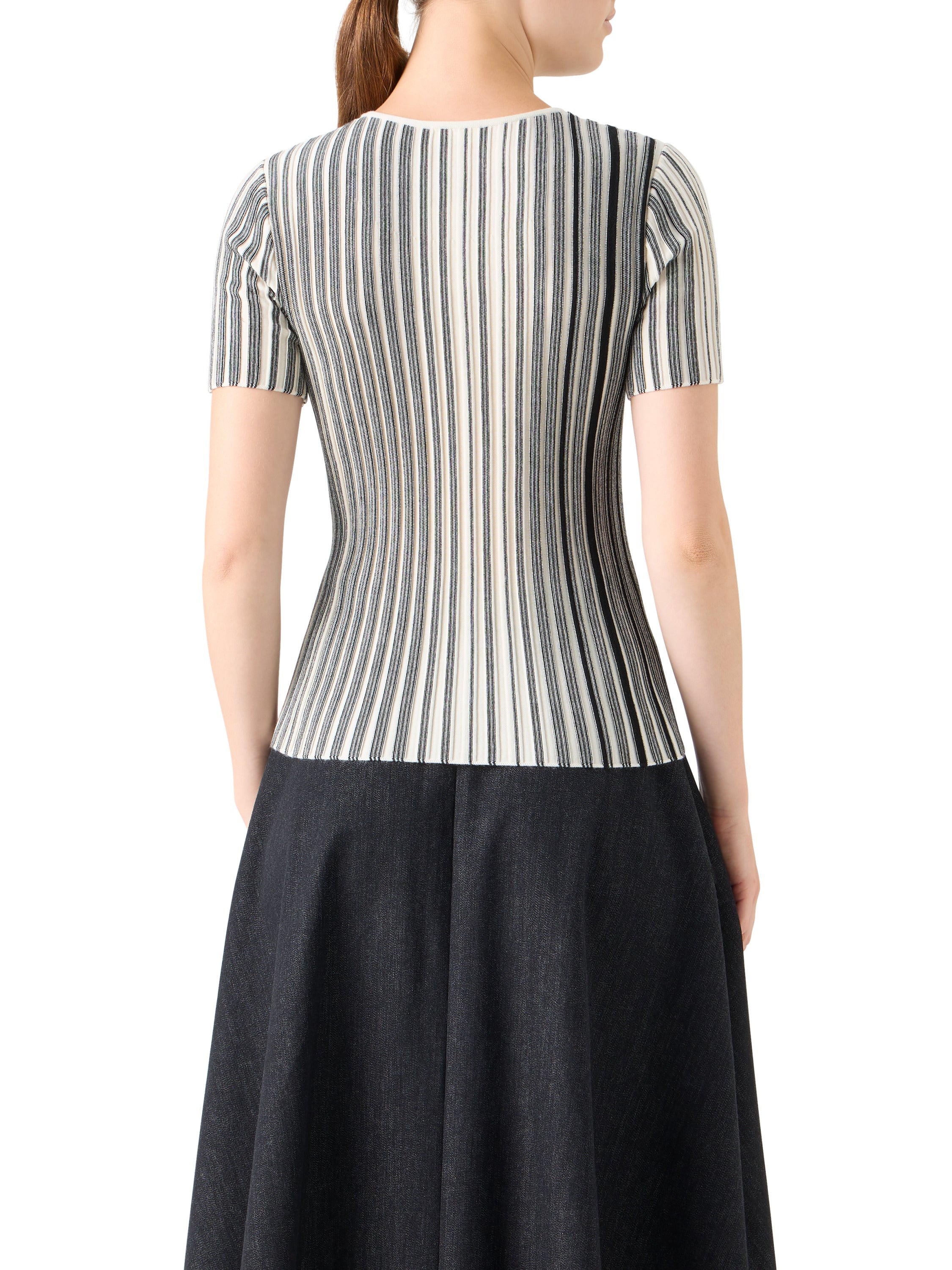 STRIPED RIB KNIT SHORT SLEEVE SWEATER