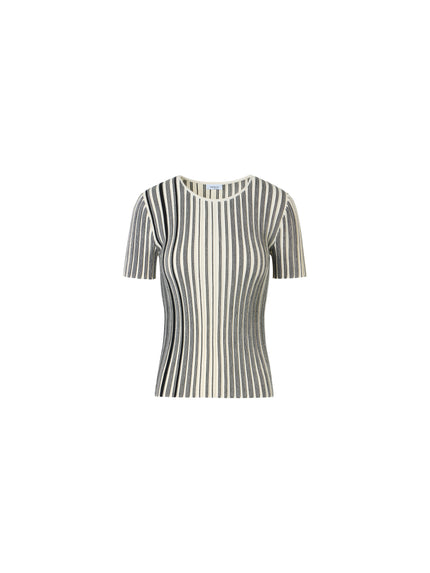 STRIPED RIB KNIT SHORT SLEEVE SWEATER