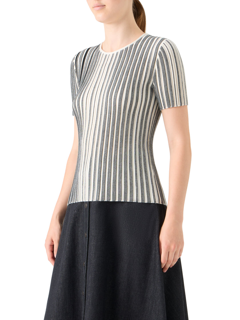 STRIPED RIB KNIT SHORT SLEEVE SWEATER